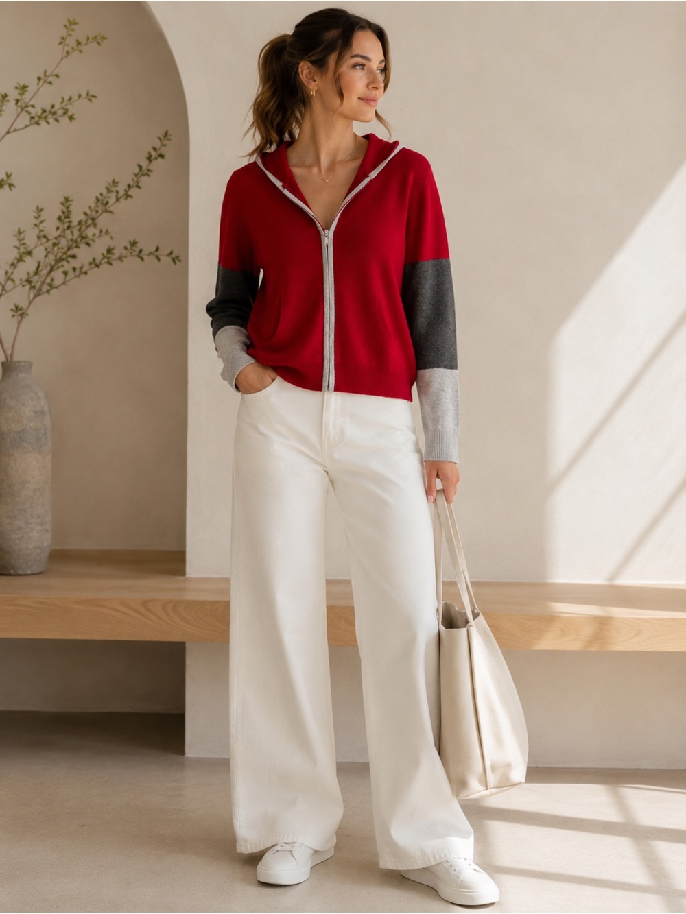 C. Cashmere 100% Cashmere Red Full Zip Hoodie Colorblock Sweater Sz Large
